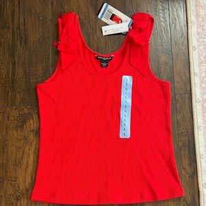 French Connection Red Ribbed Tank Top with Shoulder Ruffle Detail